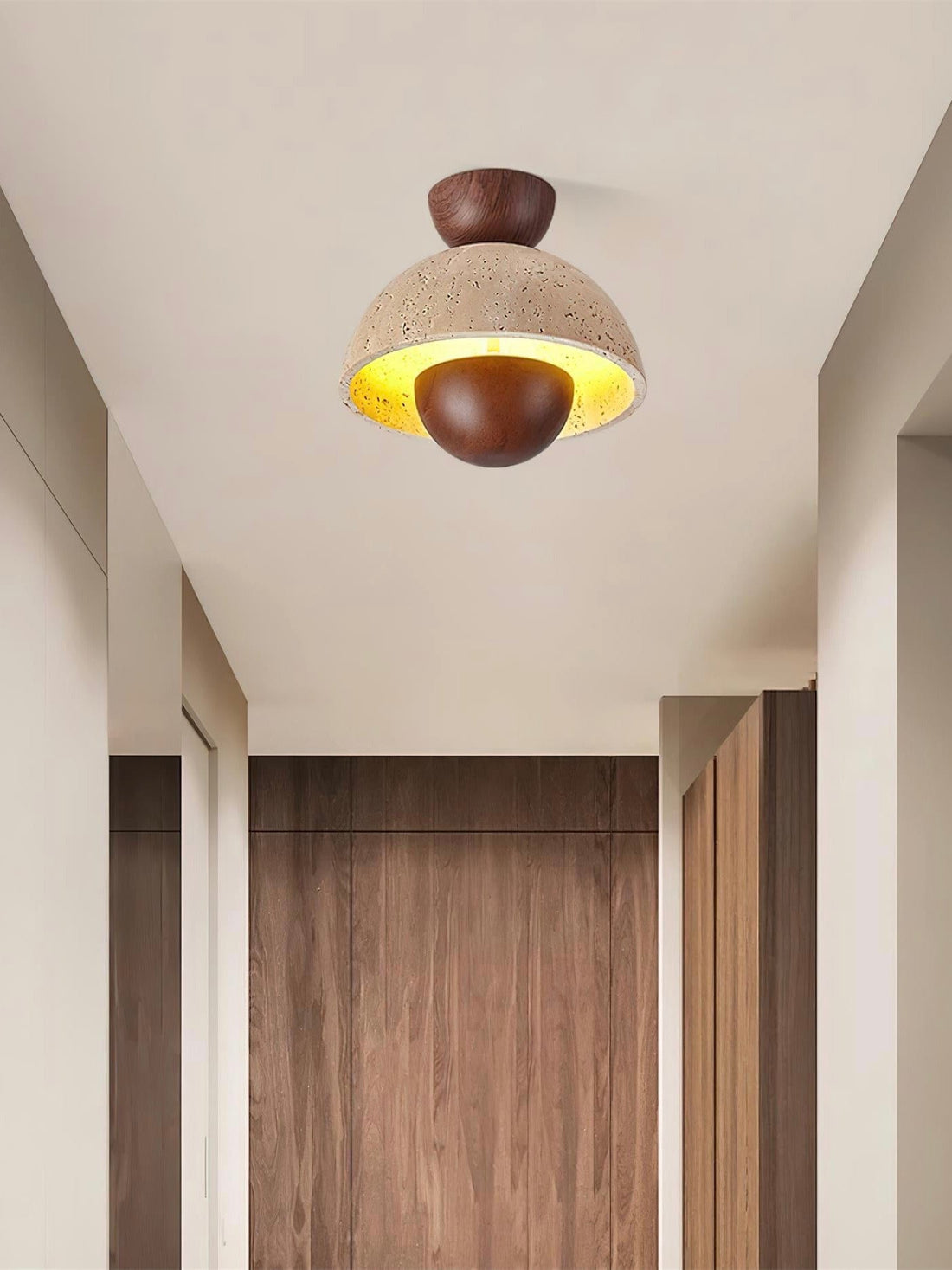 Wabi-Sabi Style Travertine and Wood Half-Sphere Ceiling Light