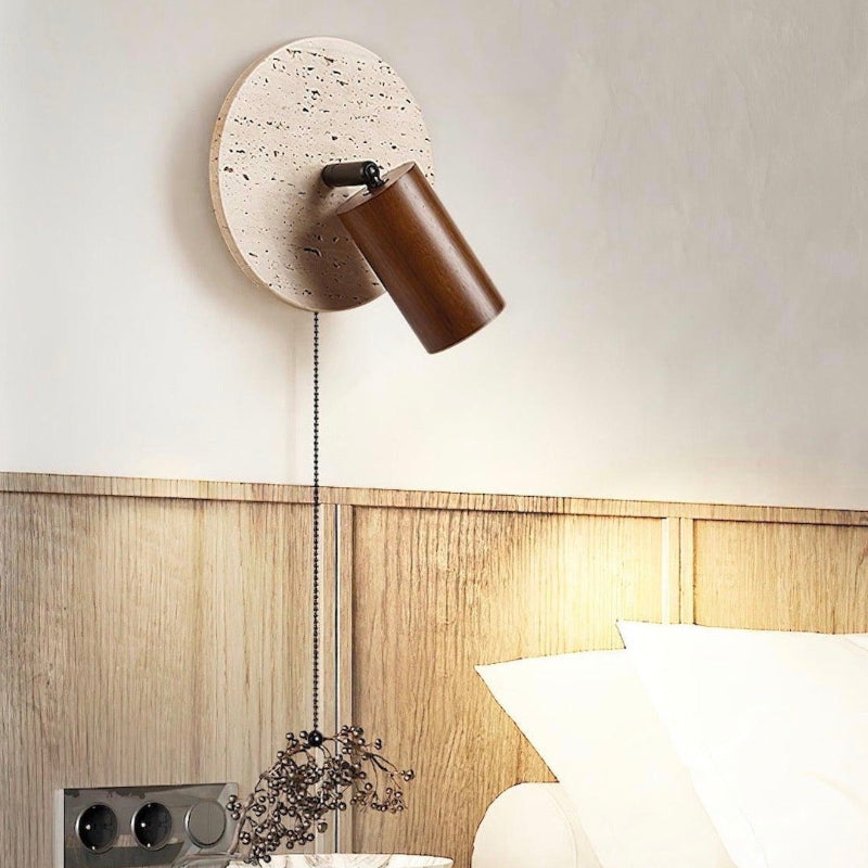 Wabi-Sabi Style Travertine Cylinder Wall Lamp with Pull-chain Switch