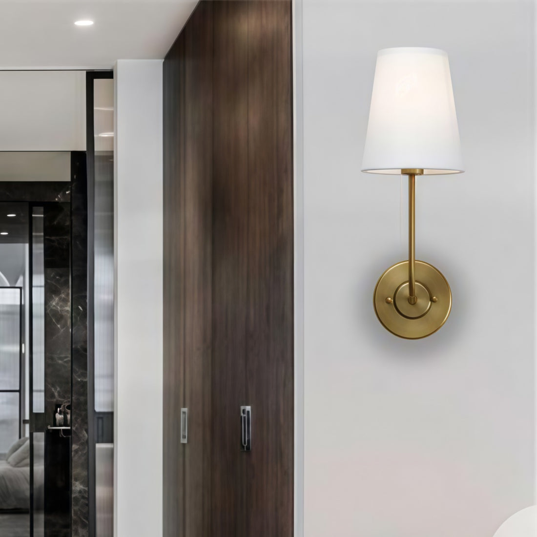 Rustic Cone Shape Fabric Wall Sconce – Antique Brass Metal Accent Light