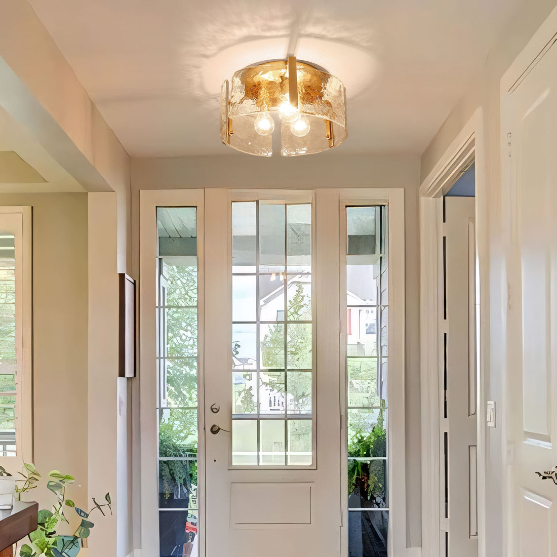 Hammered Water Glass Ceiling Light -  Gold Drum Flush Mount Light