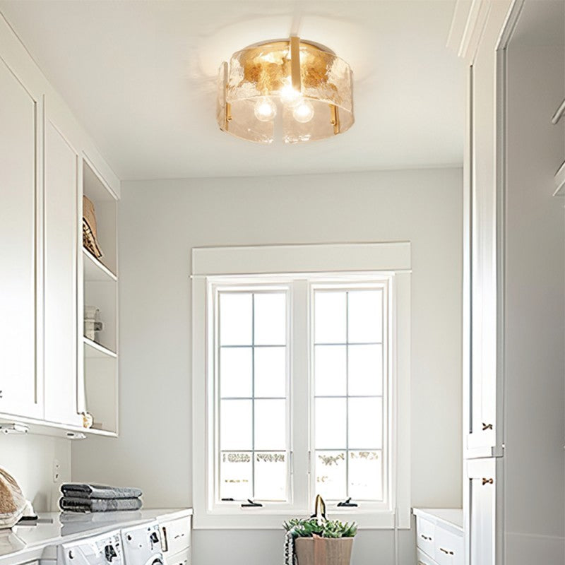 Hammered Water Glass Ceiling Light -  Gold Drum Flush Mount Light