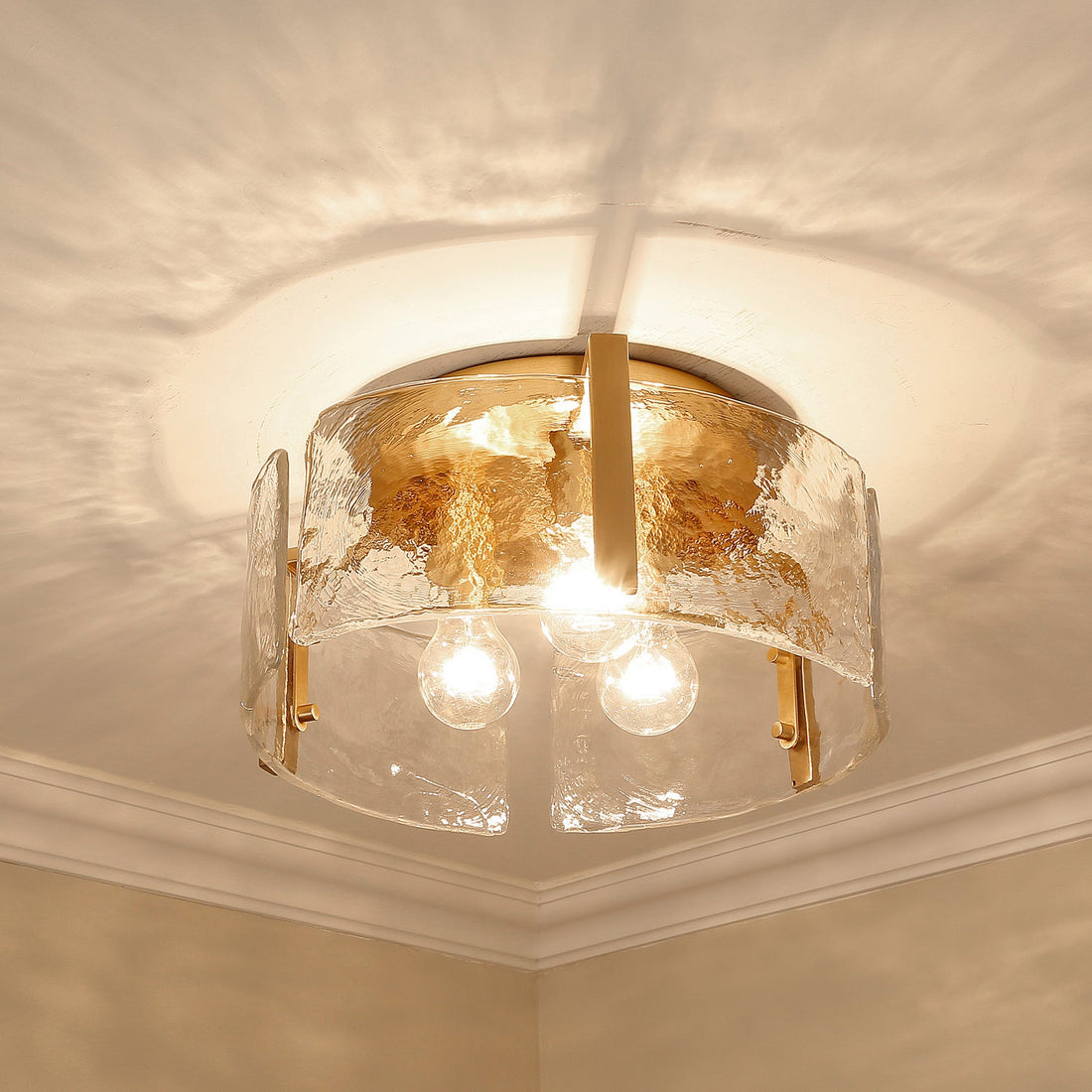 Hammered Water Glass Ceiling Light -  Gold Drum Flush Mount Light
