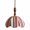 Red and ivory striped fabric pendant lamp with dark wood handle and brass connector