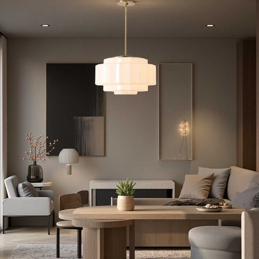 Tiered Milk Pendant Light - Antique Brass Glass Light Fixture