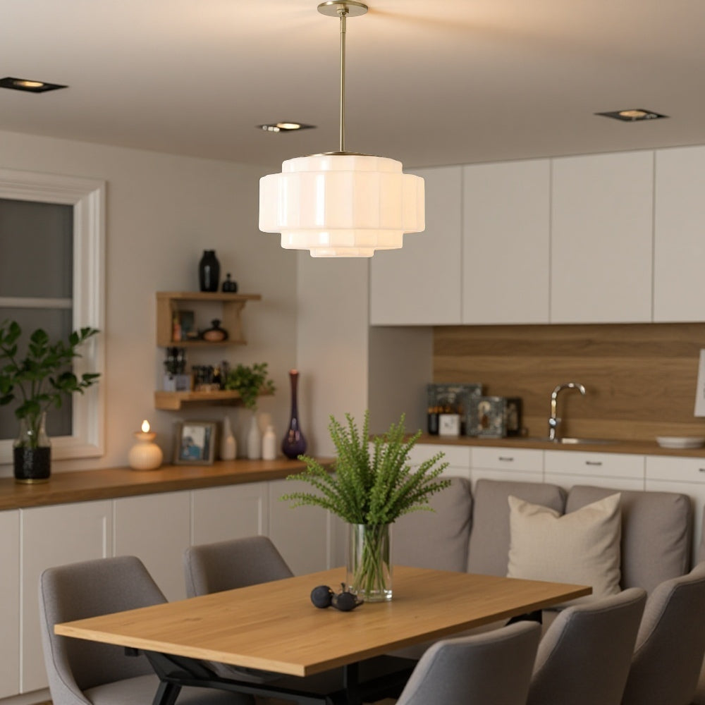 Tiered Milk Pendant Light - Antique Brass Glass Light Fixture