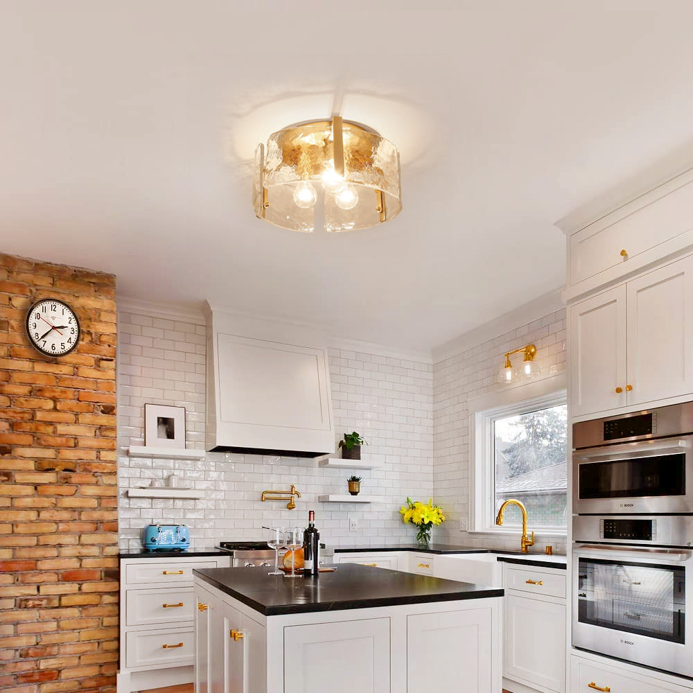 Hammered Water Glass Ceiling Light -  Gold Drum Flush Mount Light