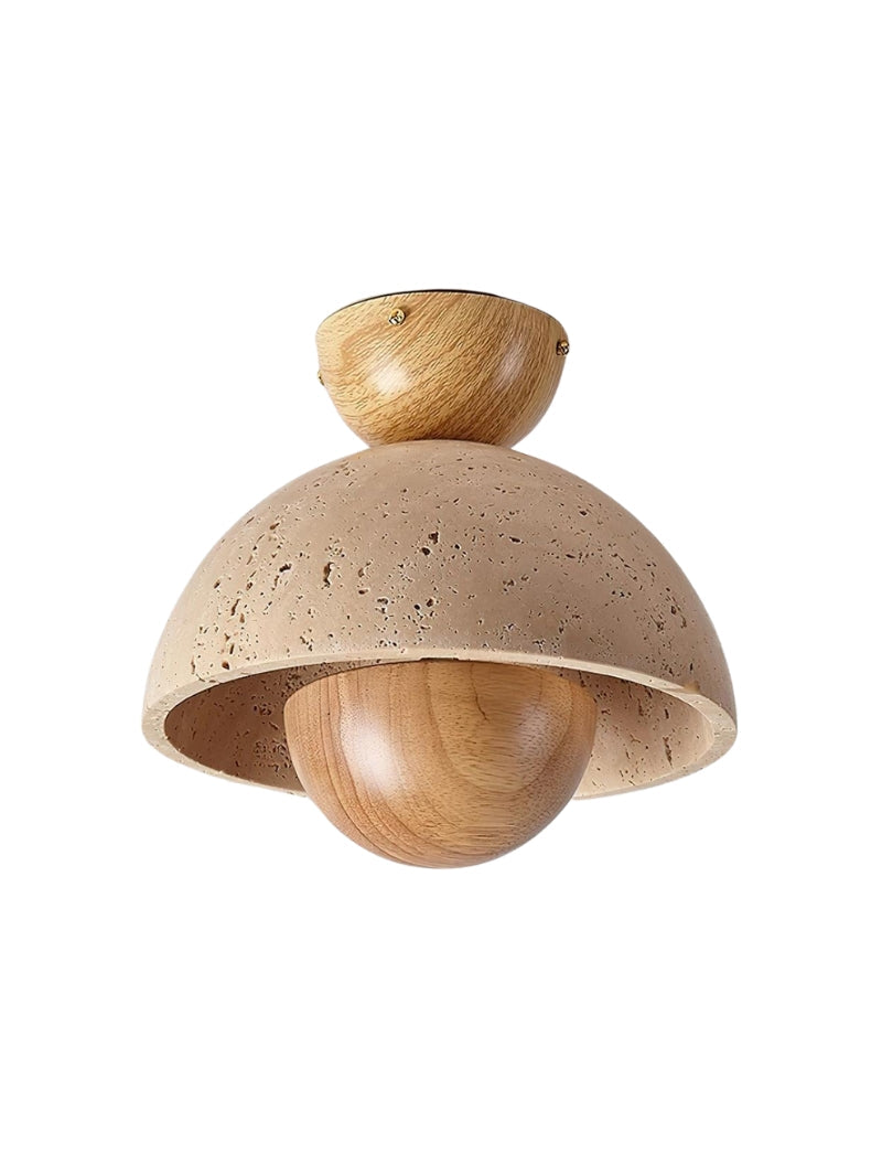 Wabi-Sabi Style Travertine and Wood Half-Sphere Ceiling Light