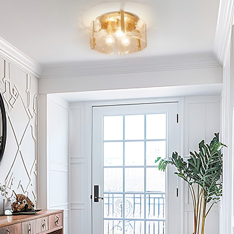 Hammered Water Glass Ceiling Light -  Gold Drum Flush Mount Light