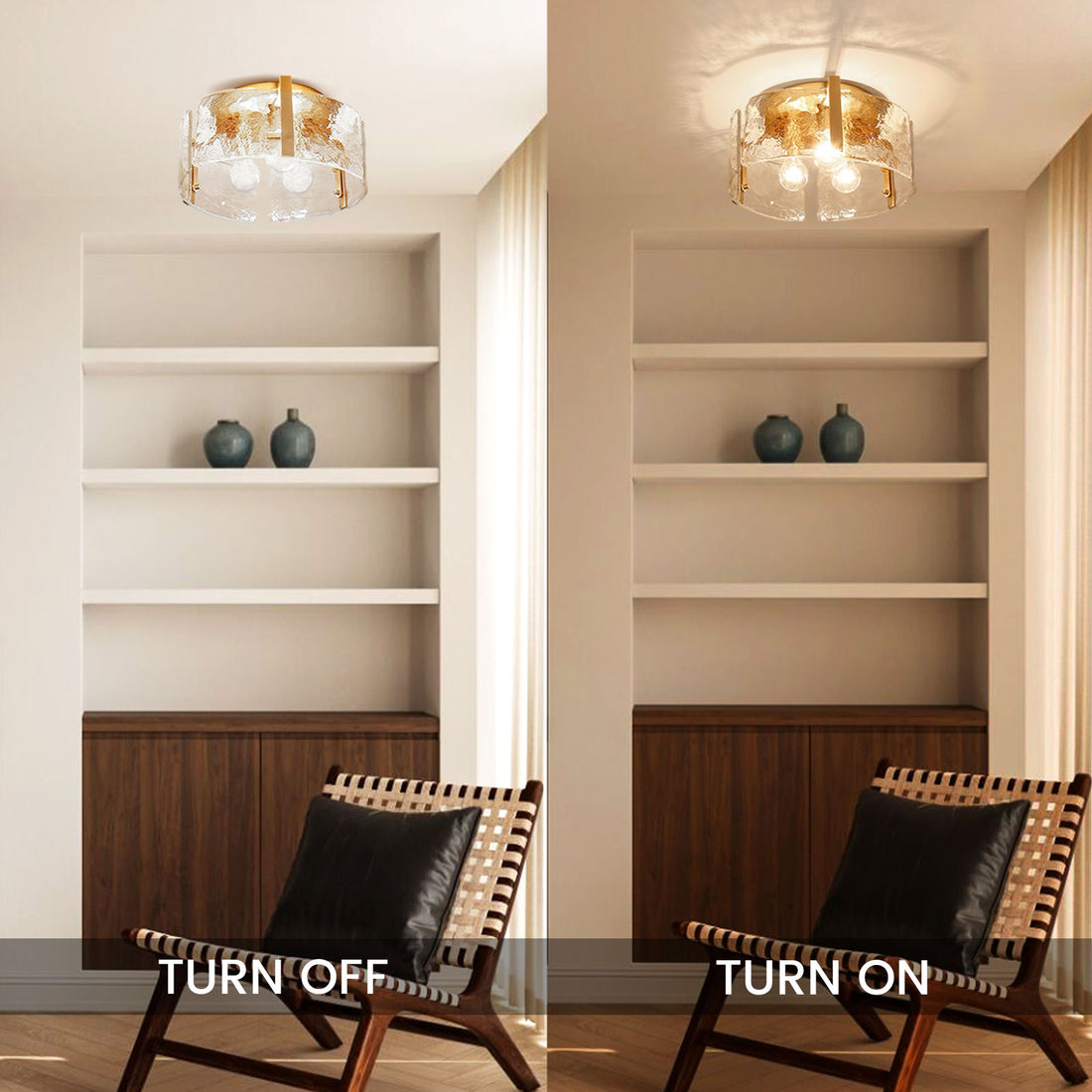 Hammered Water Glass Ceiling Light -  Gold Drum Flush Mount Light