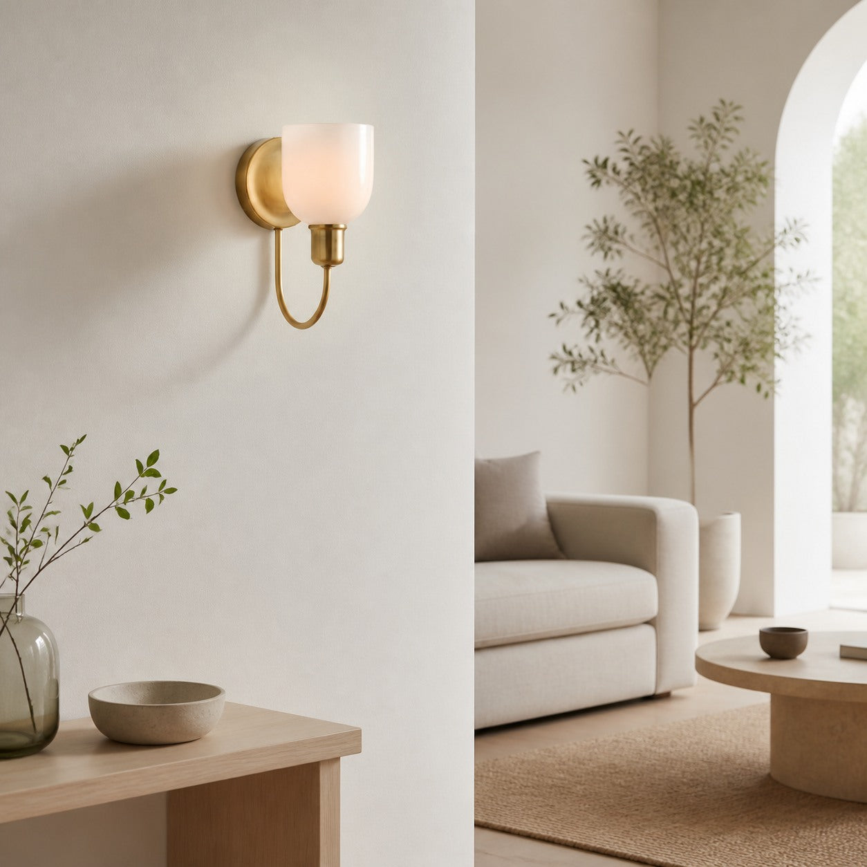 Tracian Wall Sconce - Curved Arm with Glass or Linen Shade for Bedroom
