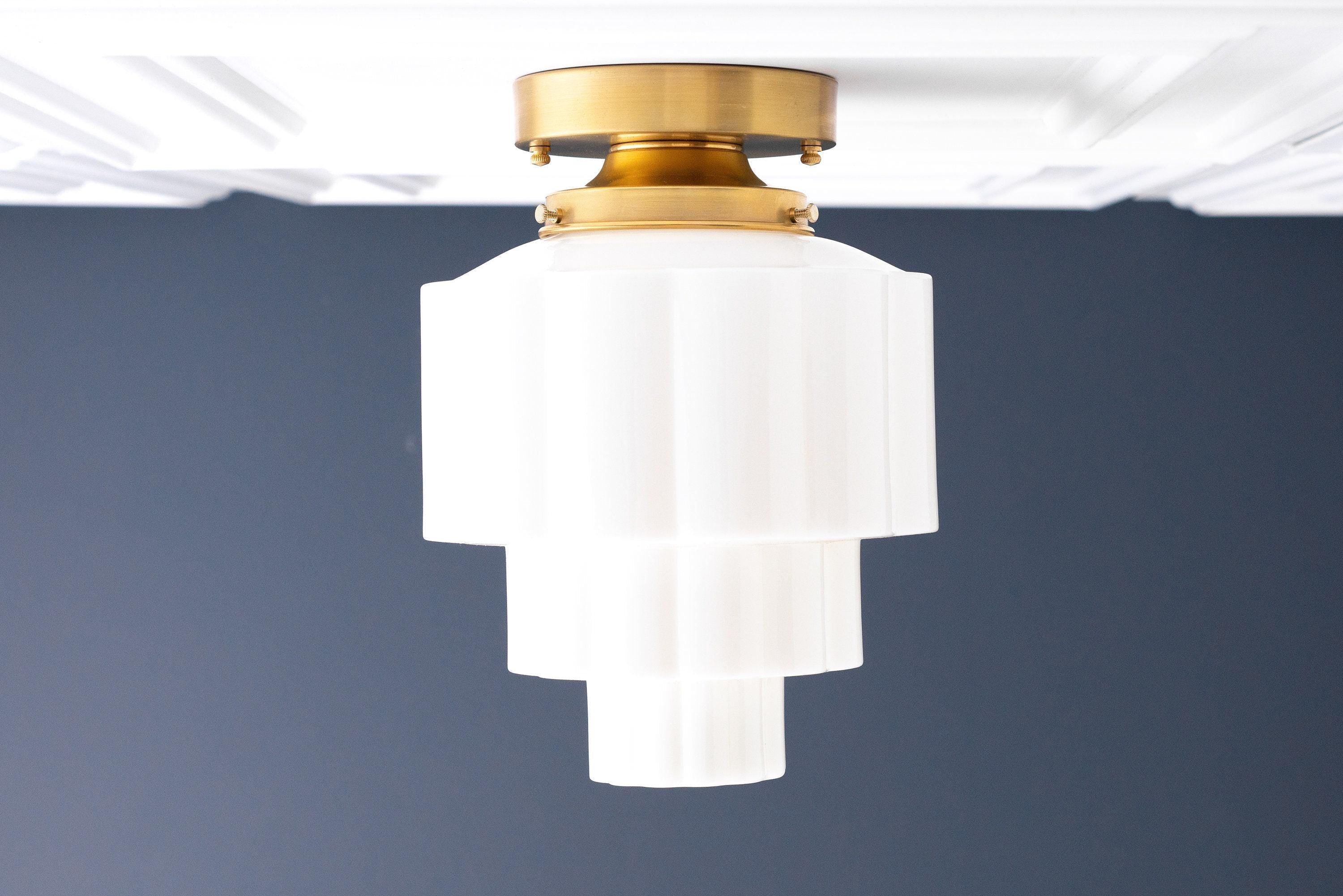 Geotower Glass Brass Ceiling Light – Art Deco Ribbed Globe Flush Mount