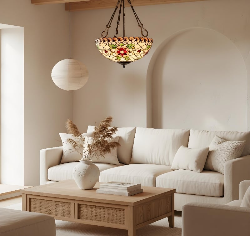TF Dragonfly Beige Tiffany Pendant Lamp – Elegant Stained Glass Fixture for Dining Room and Bedroom
