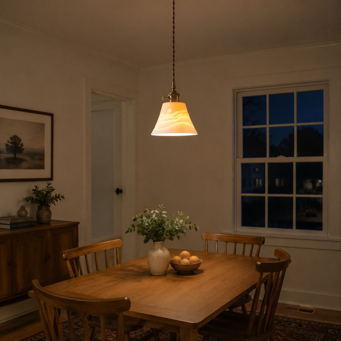 Warm evening dining room with ceramic pendant light