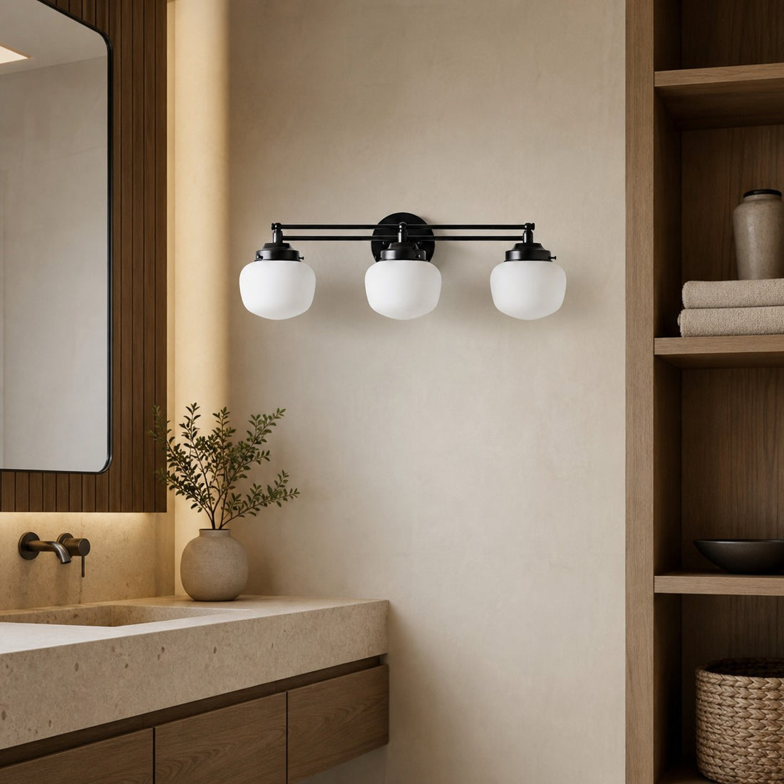 Opalume Glass Art Deco Vanity Light - Bathroom Wall Sconce with White Glass Shades