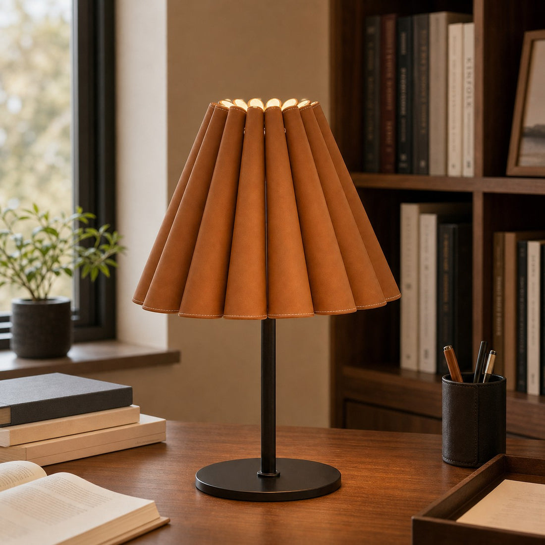 Caramel brown leather table lamp on a study desk