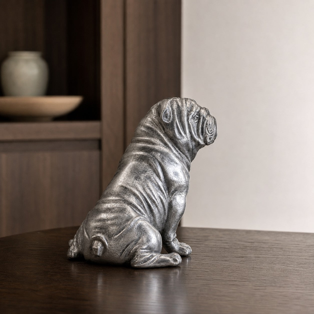 Floxo white copper bulldog sculpture in a study setting