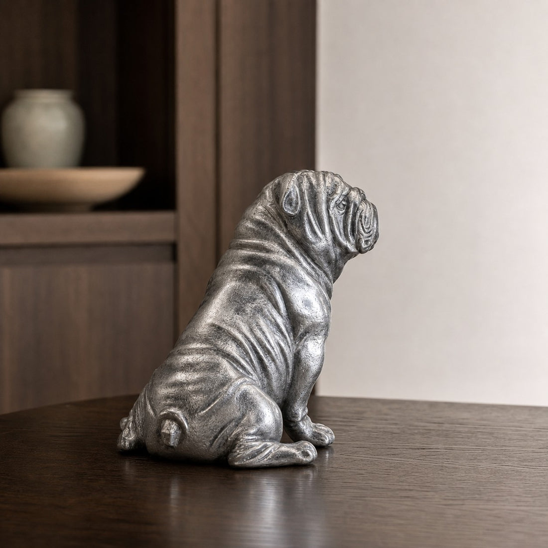 Floxo white copper bulldog sculpture in a study setting
