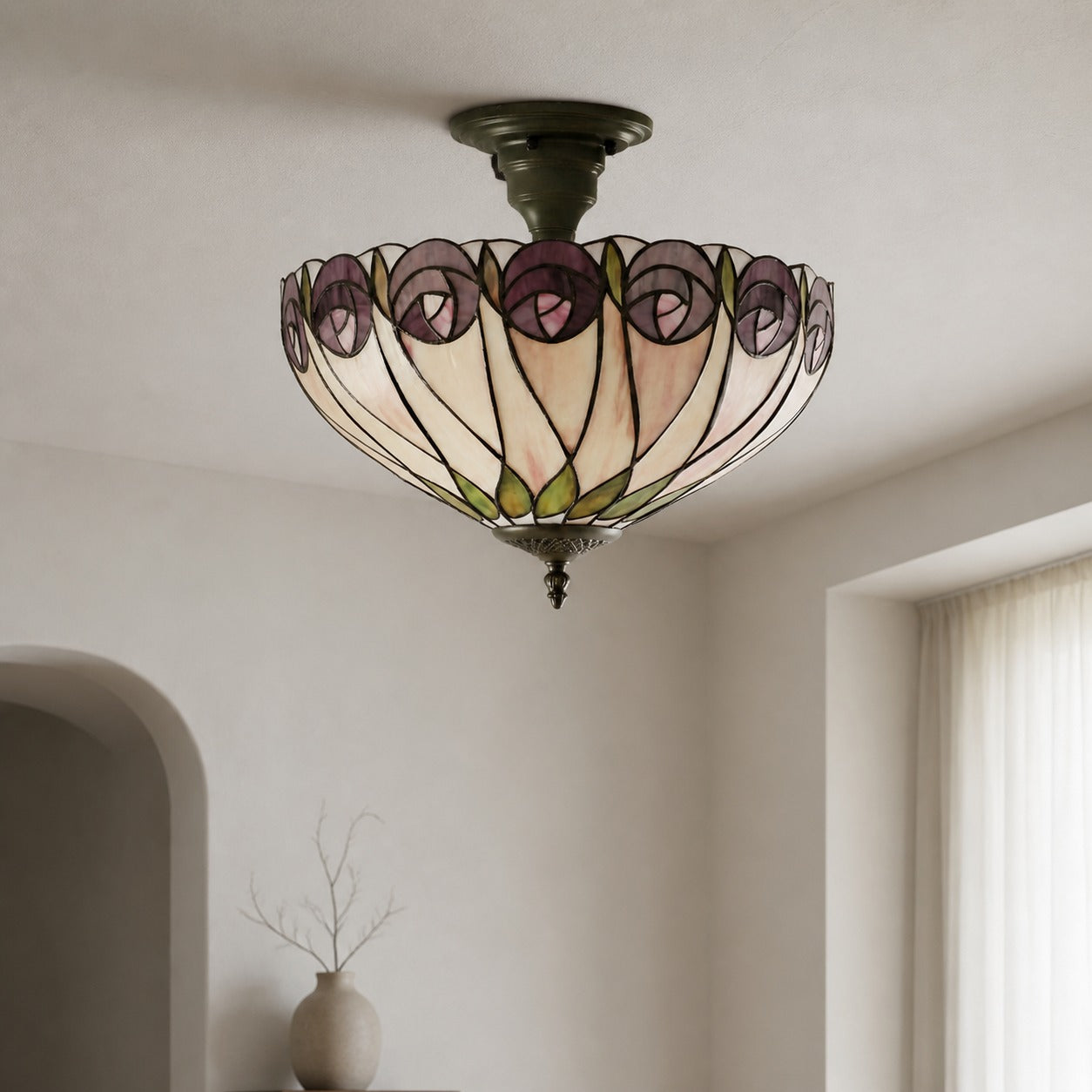 TF Hutchinson Tiffany Ceiling Light with Mackintosh Rose for Living and Dining Rooms