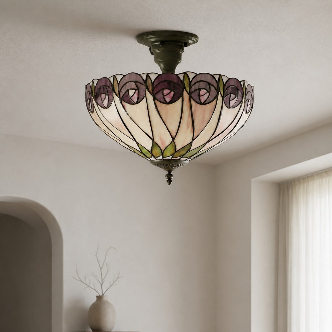 TF Hutchinson Tiffany Ceiling Light with Mackintosh Rose for Living and Dining Rooms