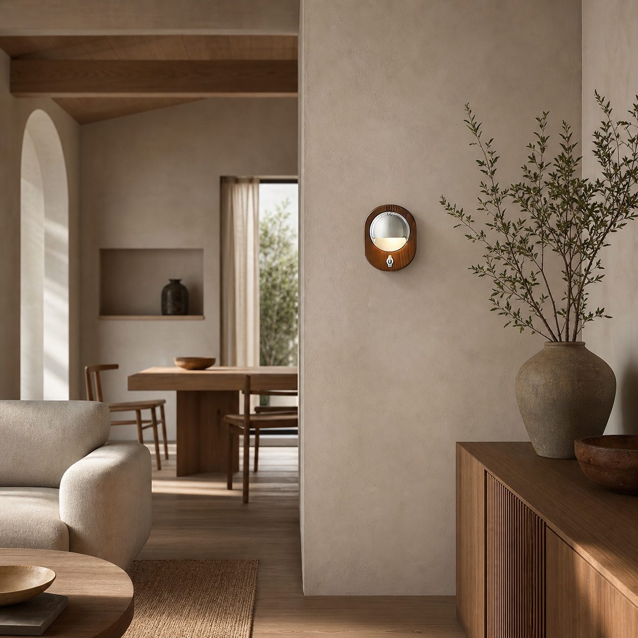 Ivoran Modern Wall Sconce - Ash Wood and Brass Spherical Lamp for Bedroom and Hallway