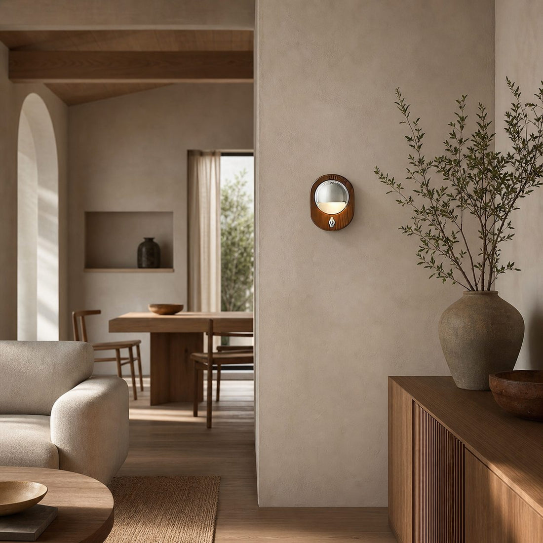 Ivoran Modern Wall Sconce - Ash Wood and Brass Spherical Lamp for Bedroom and Hallway