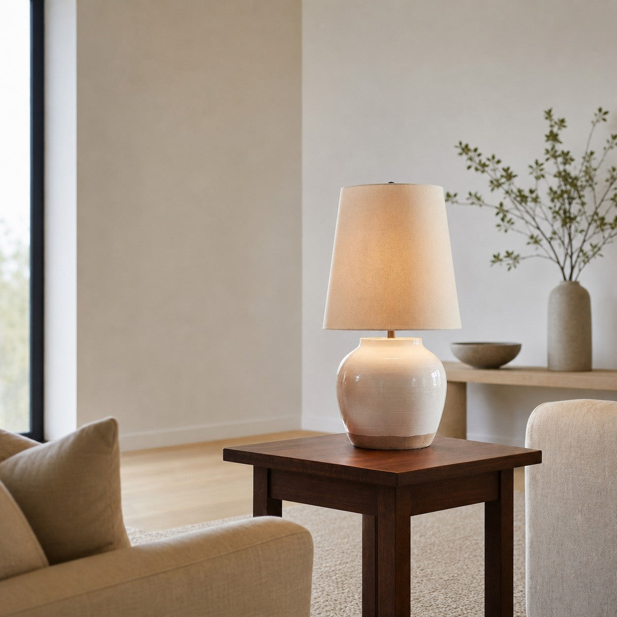 Ceruna Modern Ceramic Bedside Lamp with Linen Fabric Shade – Elegant Lighting for Bedroom and Living Room