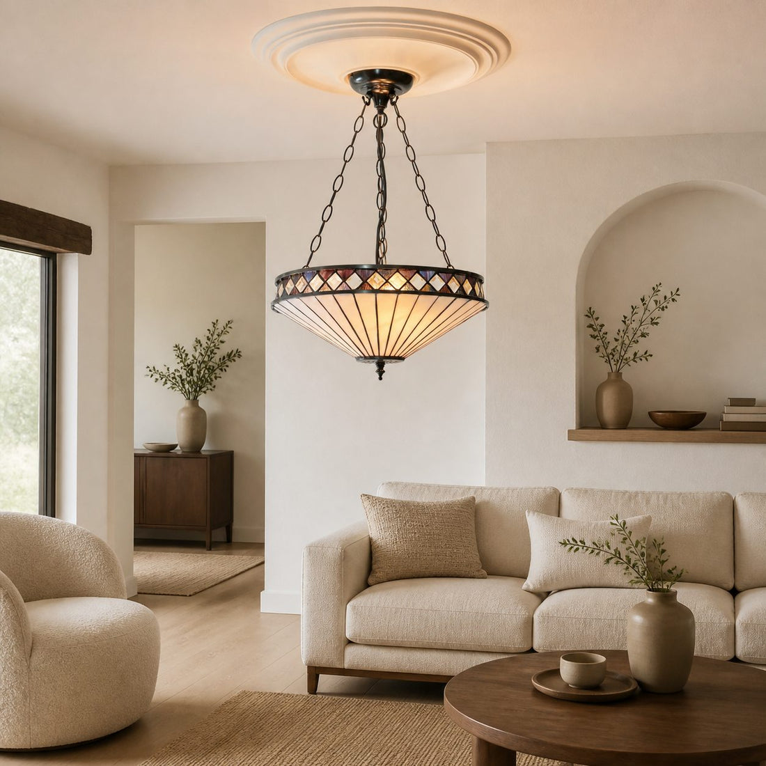 TF Fargo Adjustable Pendant with Stained-Glass Inspired Inverted Shade for Island and Dining