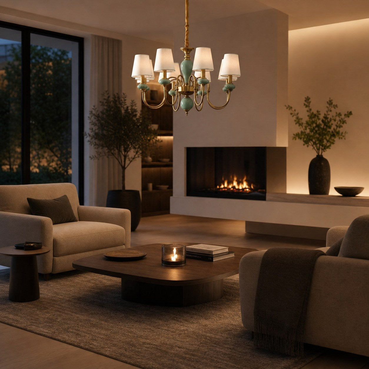 Altoris Series Branch Chandelier with Fabric Shades – Brass Ceramic Chandelier for Living Room