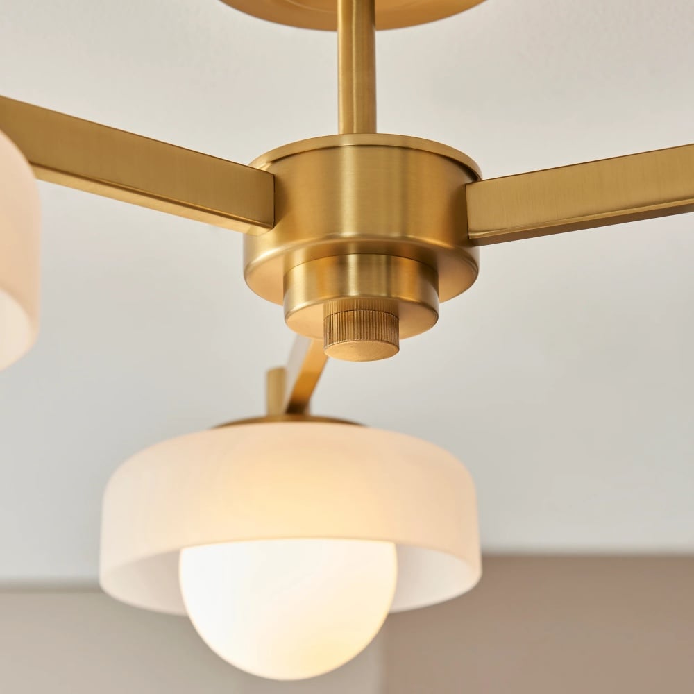 Zirvos Pendant with Frosted Opal Globes and Brushed Brass Frame for Living and Dining