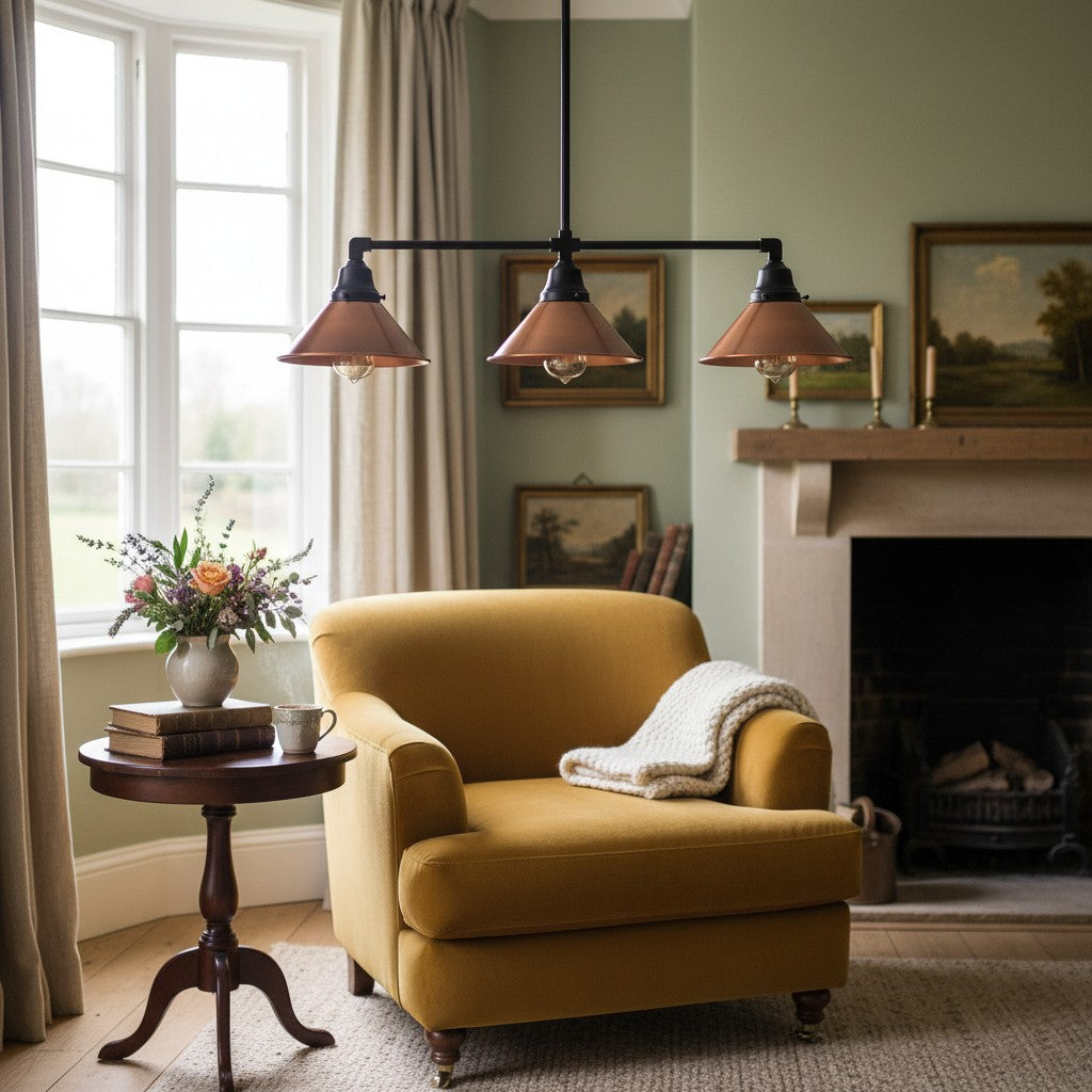 Conique Metal Aged Copper Three-Light Pendant – Sleek Industrial Fixture for Dining Rooms