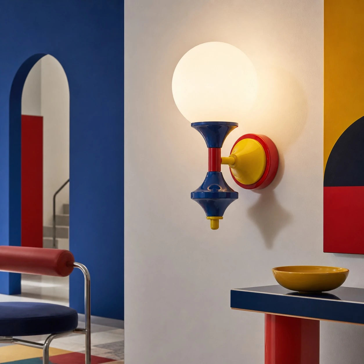 Style B color-block wall sconce in a modern primary-color interior
