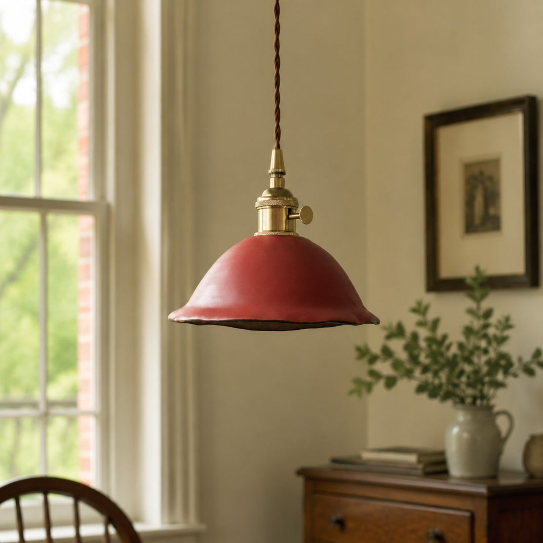 Vintage Dual-Glaze Ceramic Pendant Light with Brass Fittings