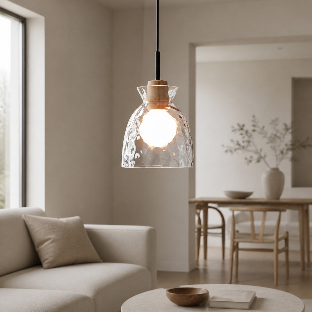Quenora Ripple Pendant Light – Rippled Glass Shade Hanging Lamp for Dining or Kitchen U23