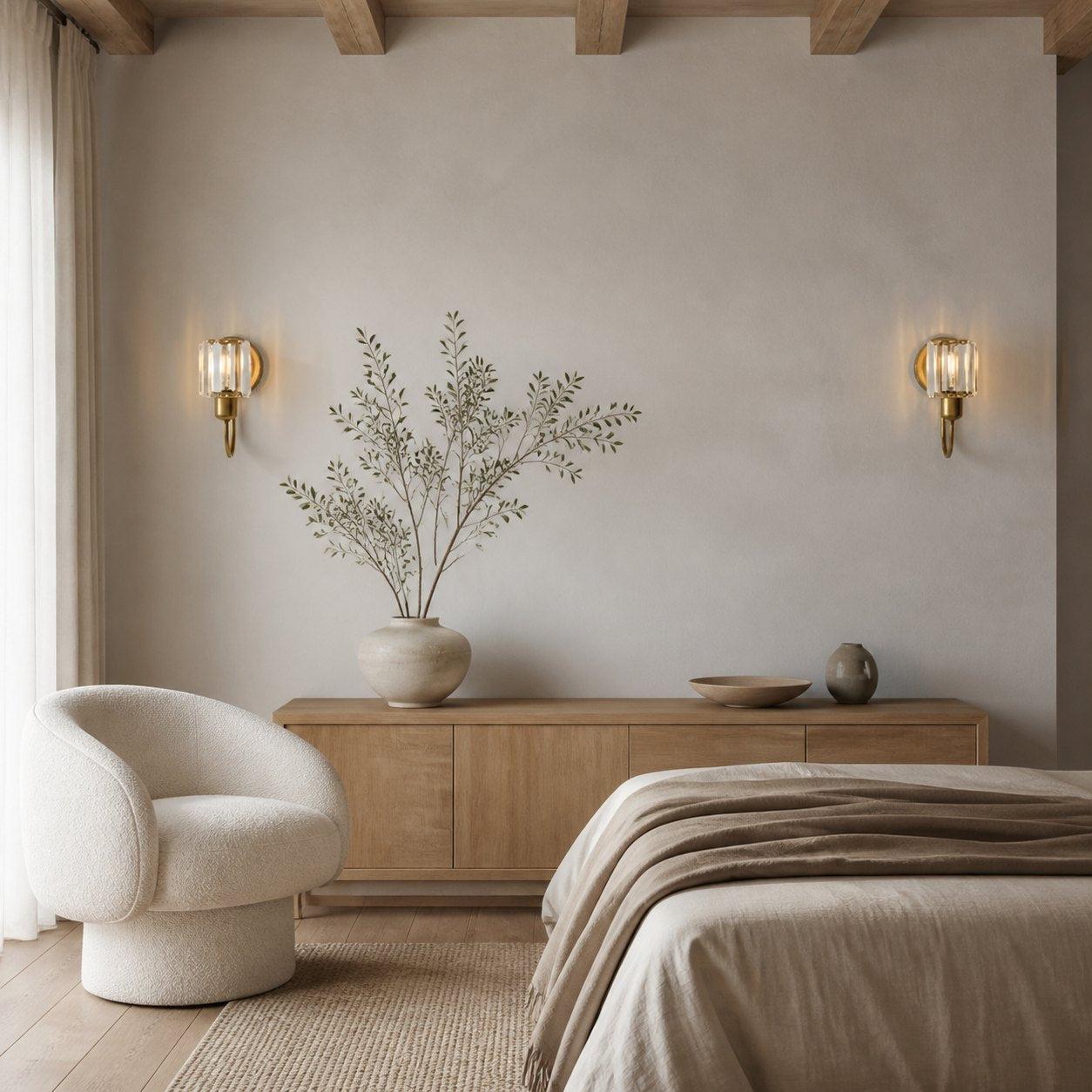 Tracian Wall Sconce - Curved Arm with Glass or Linen Shade for Bedroom