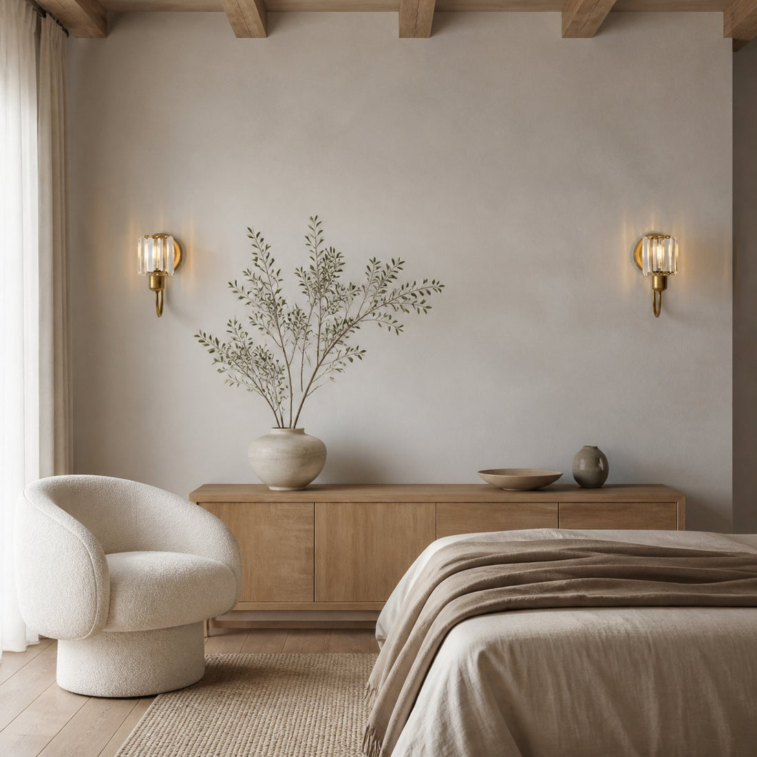 Tracian Wall Sconce - Curved Arm with Glass or Linen Shade for Bedroom