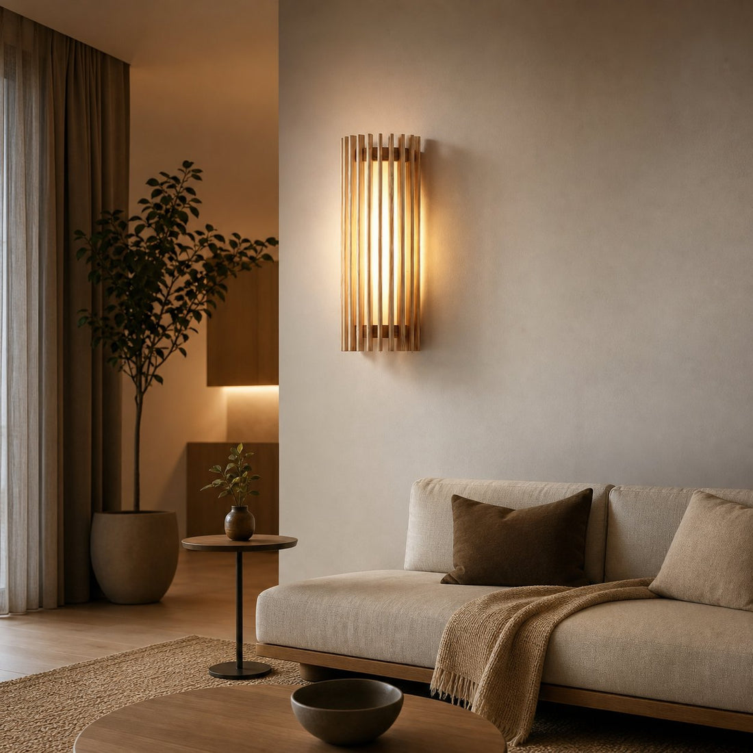 Boskelux Walnut Wall Lamp – Curved Backplate and Diffused Glow for Living Rooms or Hallways