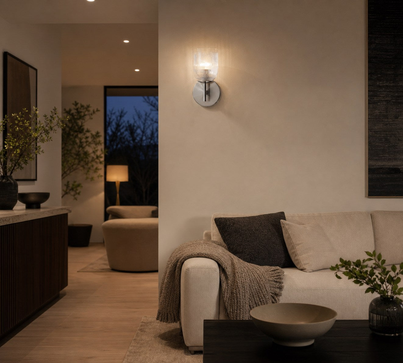 Bravira Ribbed Glass Sconce - Metal Wall Light with Clear Glass Shade