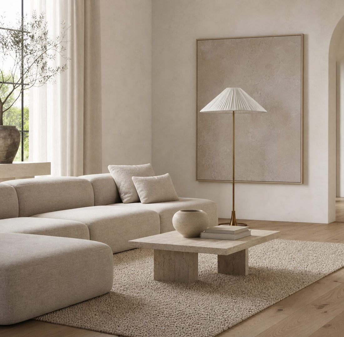 Lindi - aged brass and linen scalloped floor lamp