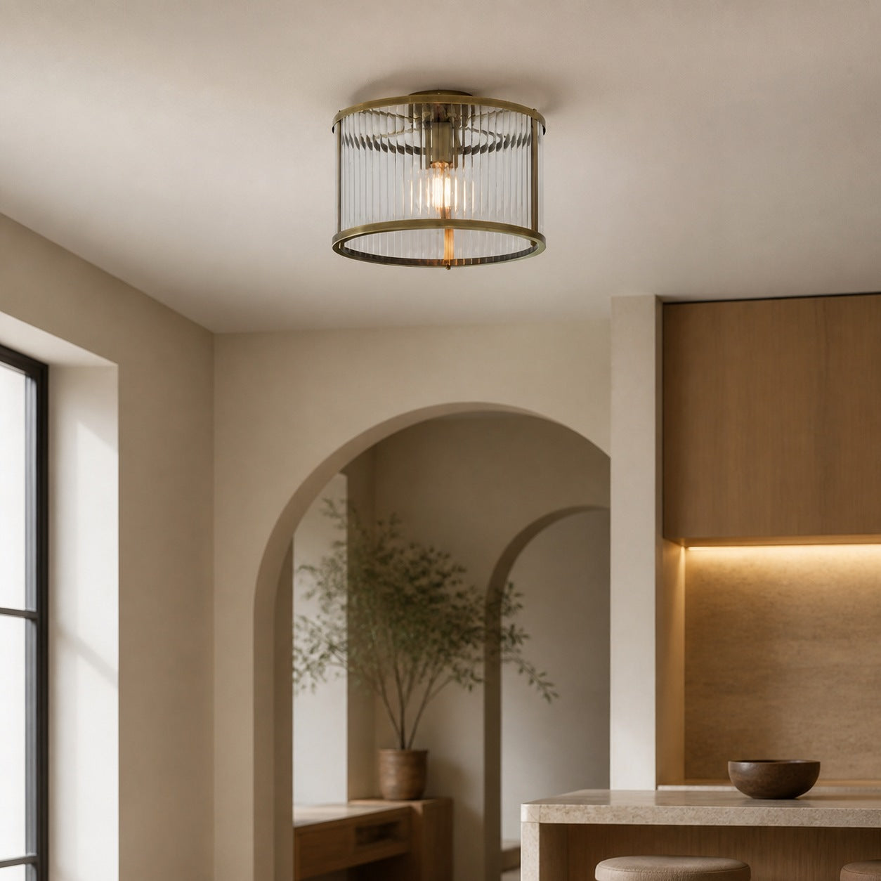 RibGlow Ribbed Glass Flush Ceiling Light – Classic Flush Mount Ceiling Lamp for Living Room or Hallway