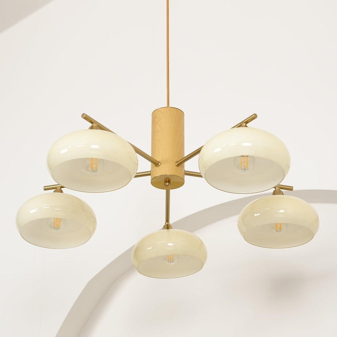 Bowl Shaped Multi - Head Chandelier With Wooden Decoration