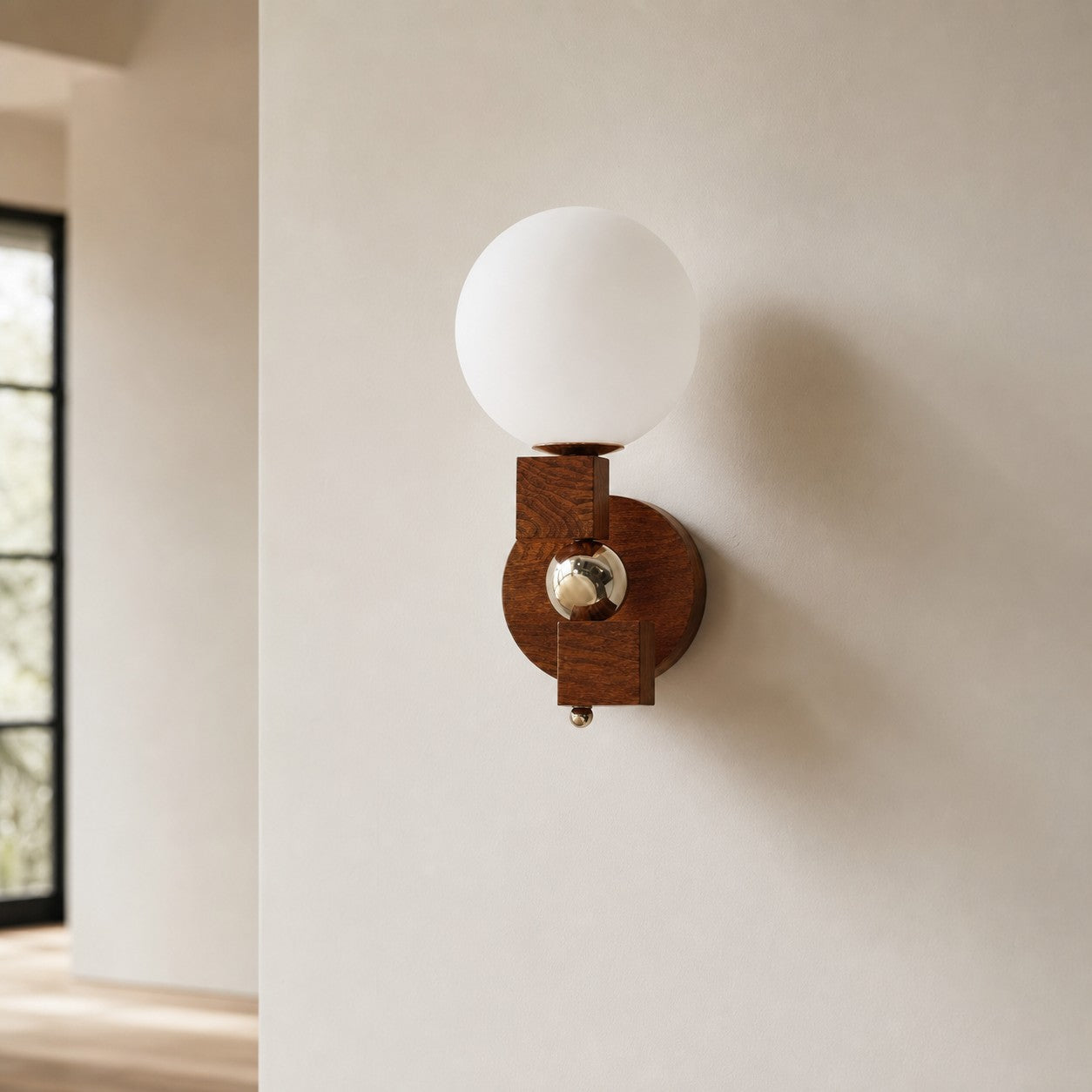 Luma walnut geometric wall sconce in a minimal interior