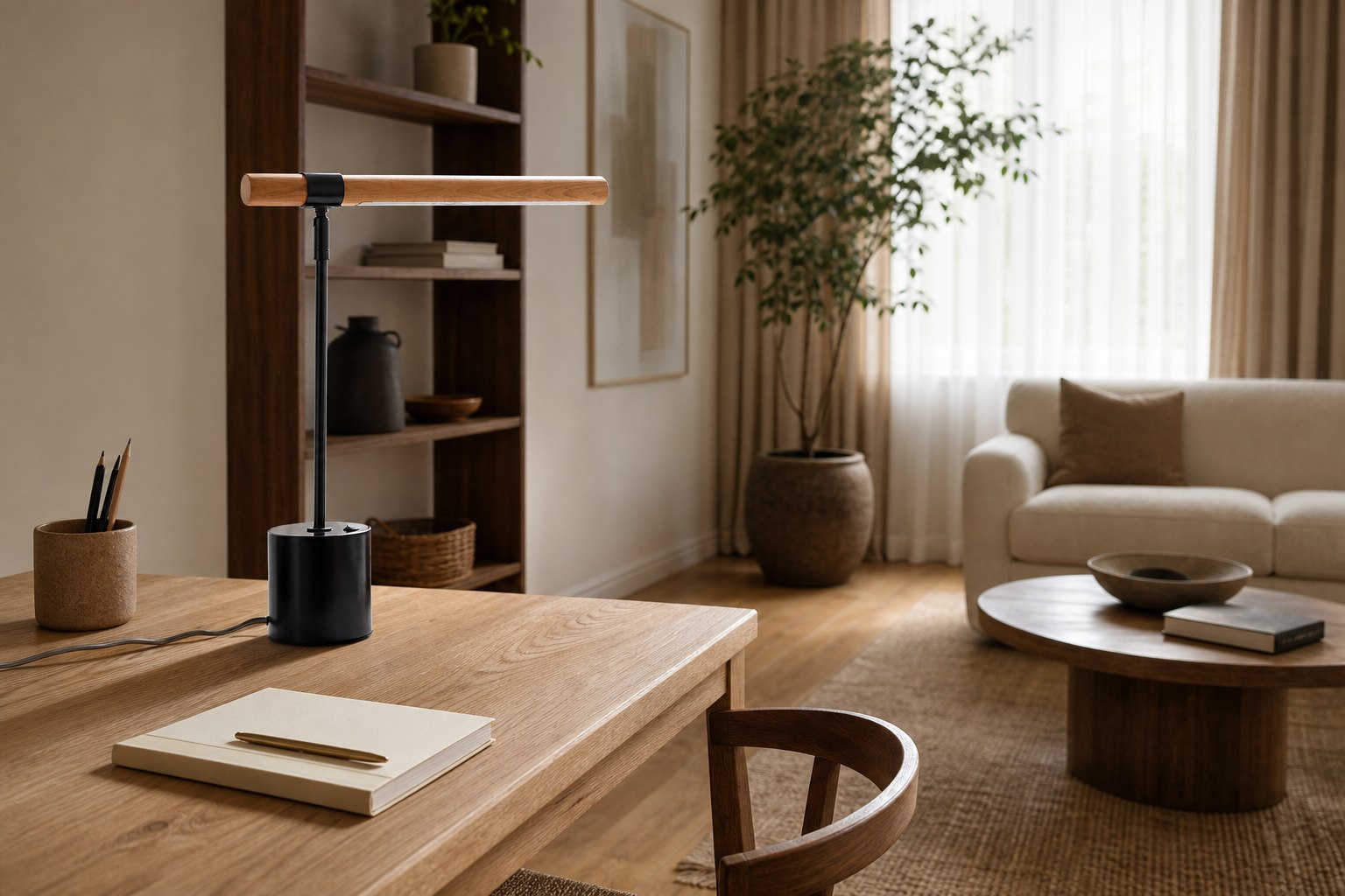 Moss Modern Linear Wood LED Table Lamp – Adjustable Swivel, USB Charging