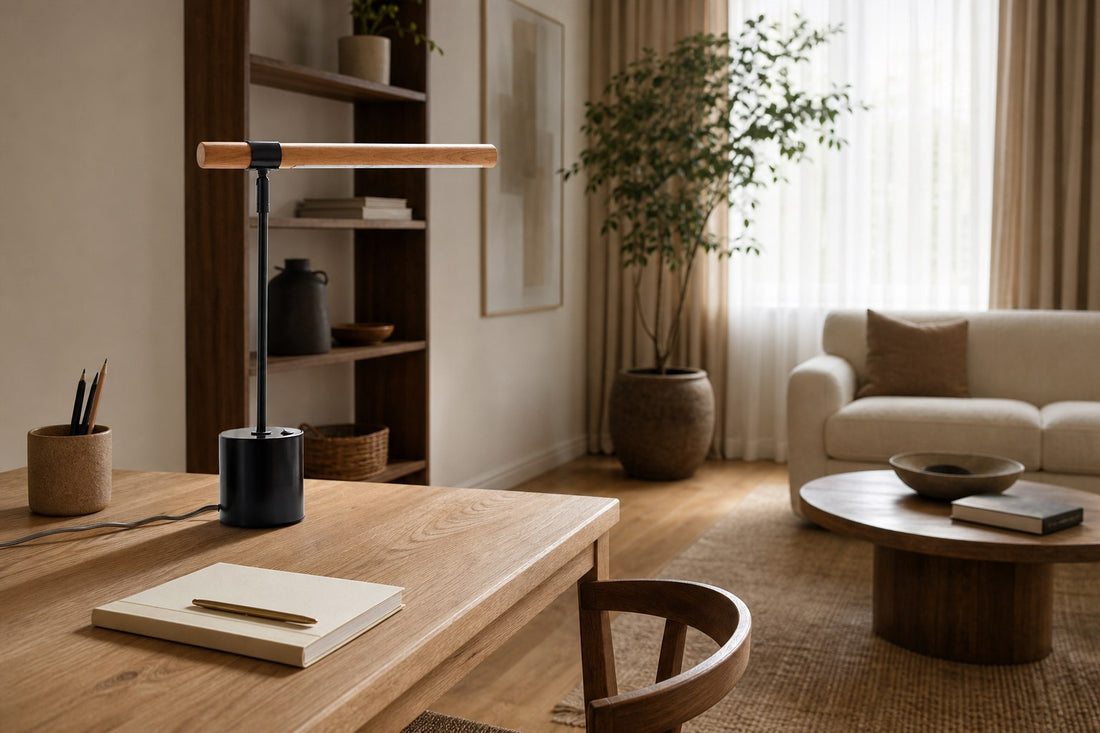 Moss Modern Linear Wood LED Table Lamp – Adjustable Swivel, USB Charging