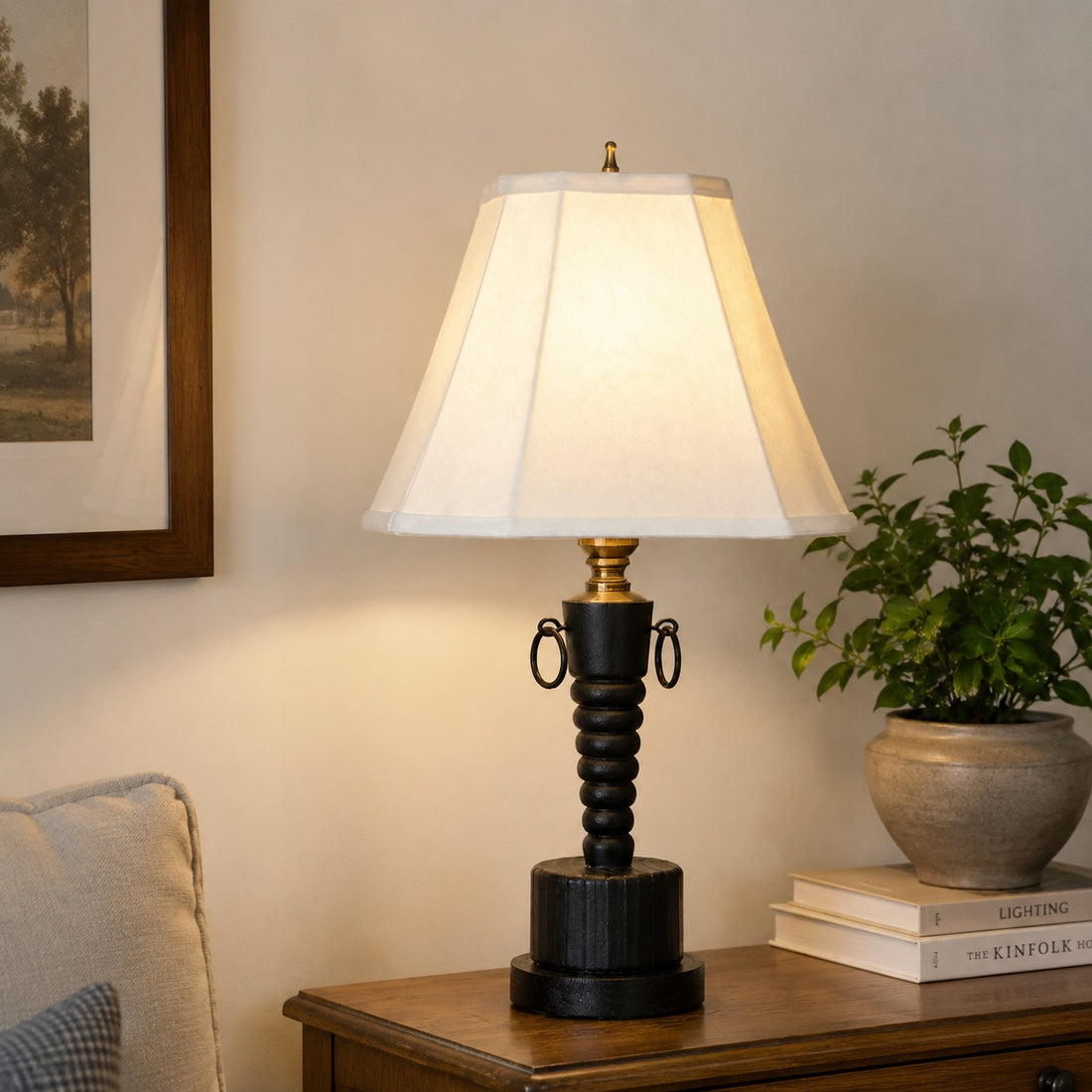 Vintage Black Wood Table Lamp with White Fabric Shade
