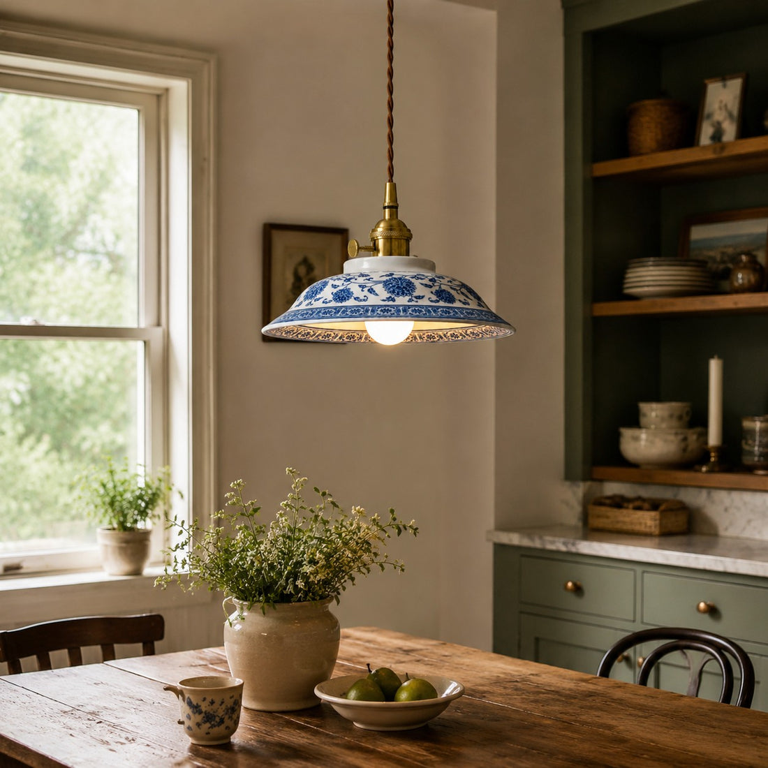 Blue And White Ceramic Pendant Light with Brass Accents