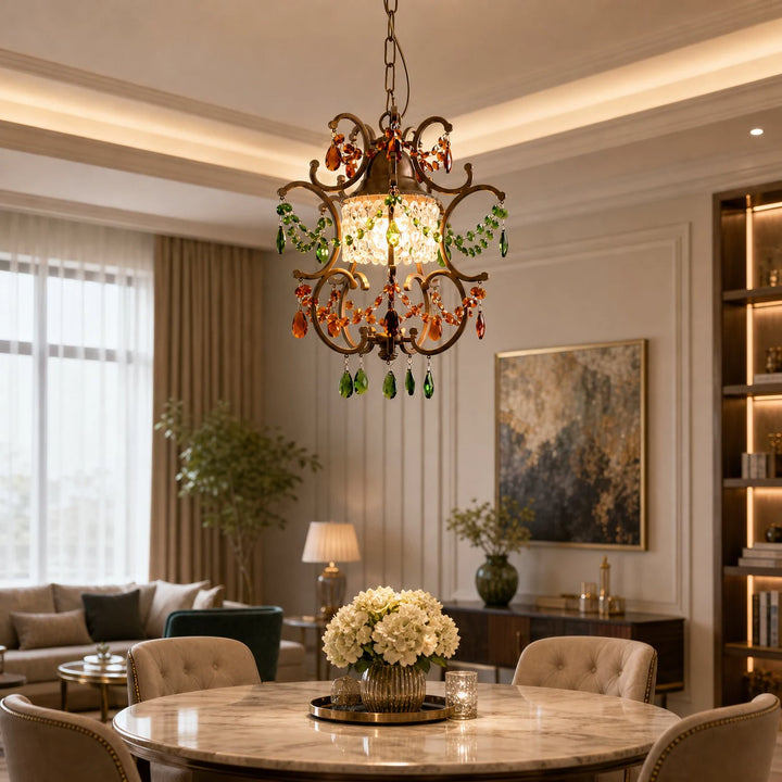 Crystal pendant light above a dining table