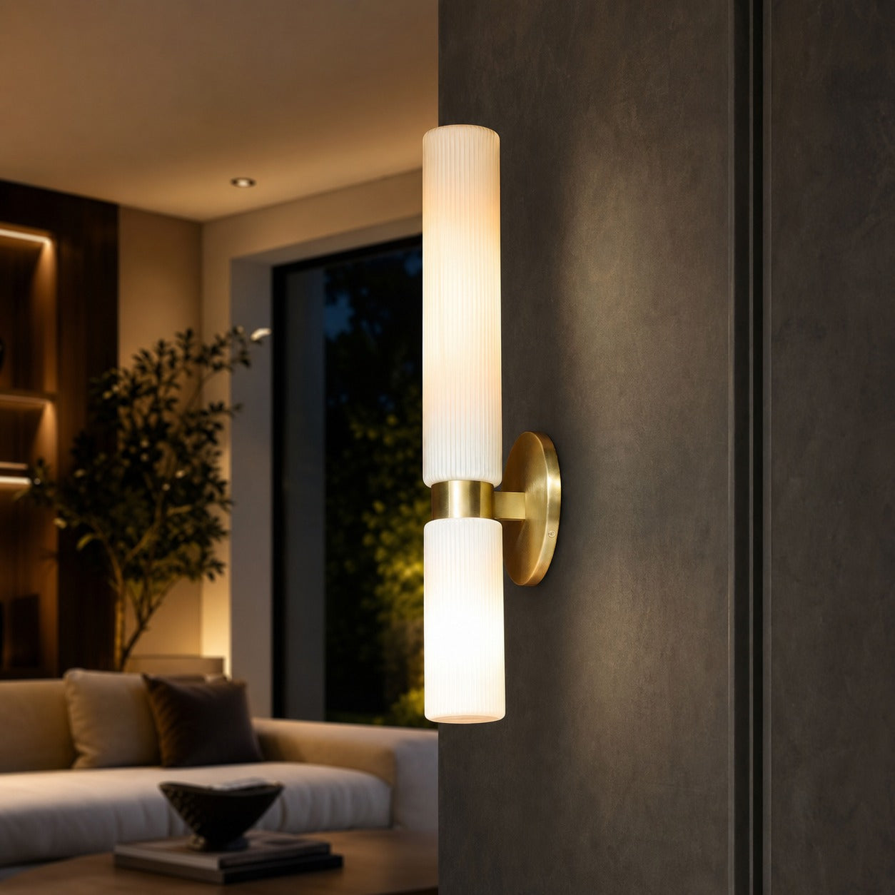Rivora Fluted Glass Double Short Sconce - Indoor Outdoor Wall Light Elegance