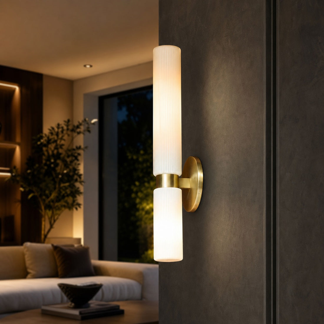 Rivora Fluted Glass Double Short Sconce - Indoor Outdoor Wall Light Elegance