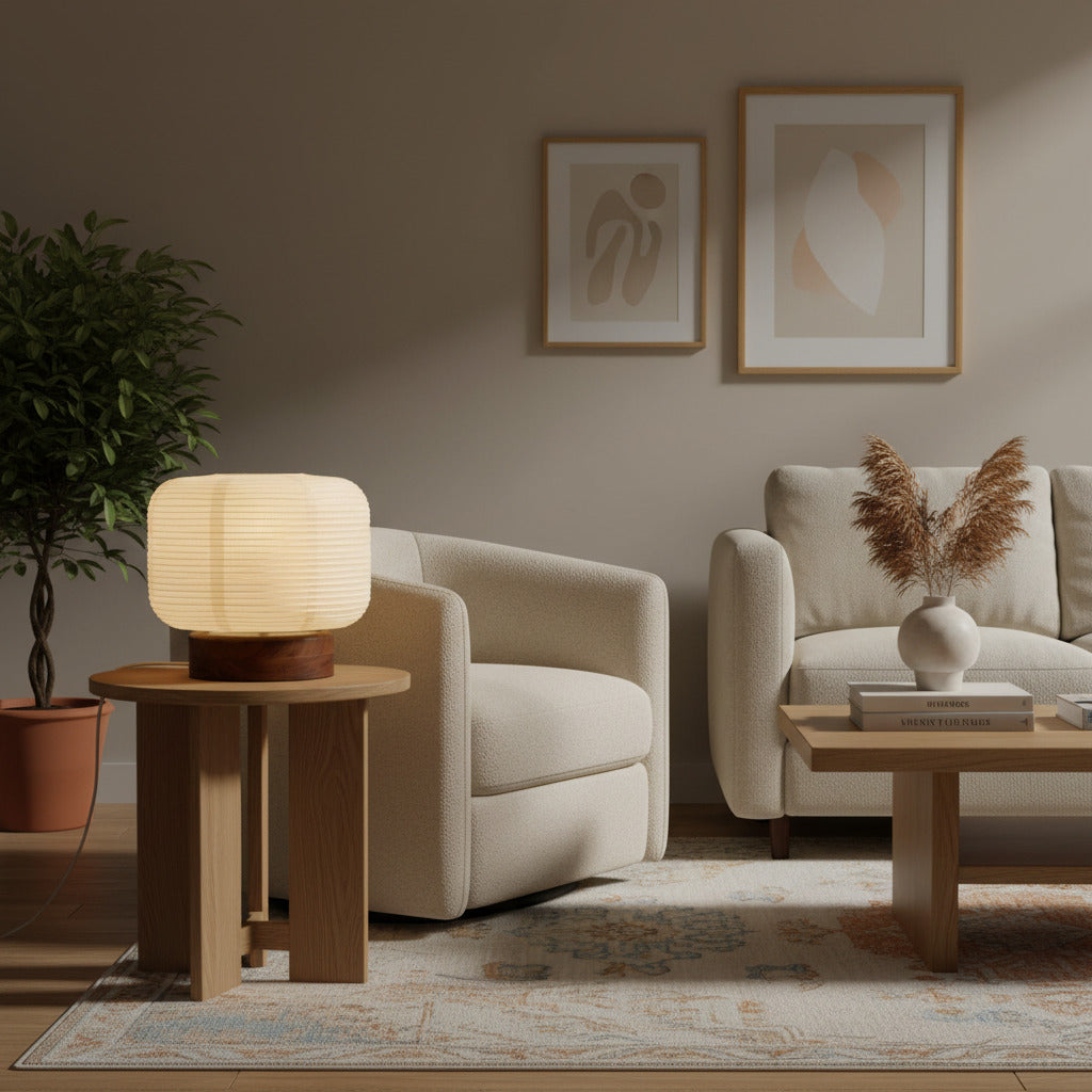Tivo Japanese Ribbed Lampshade Compact Table Lamp - A minimalist paper lantern design with wood base