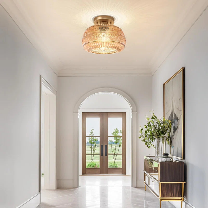 Vintage Glass Semi Flush Mount Ceiling Light with Flora Engraved Pattern